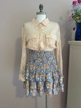 Victoria’s Secret Peachy Sheer Lace Blouse with Blue Floral Tiered Skirt M